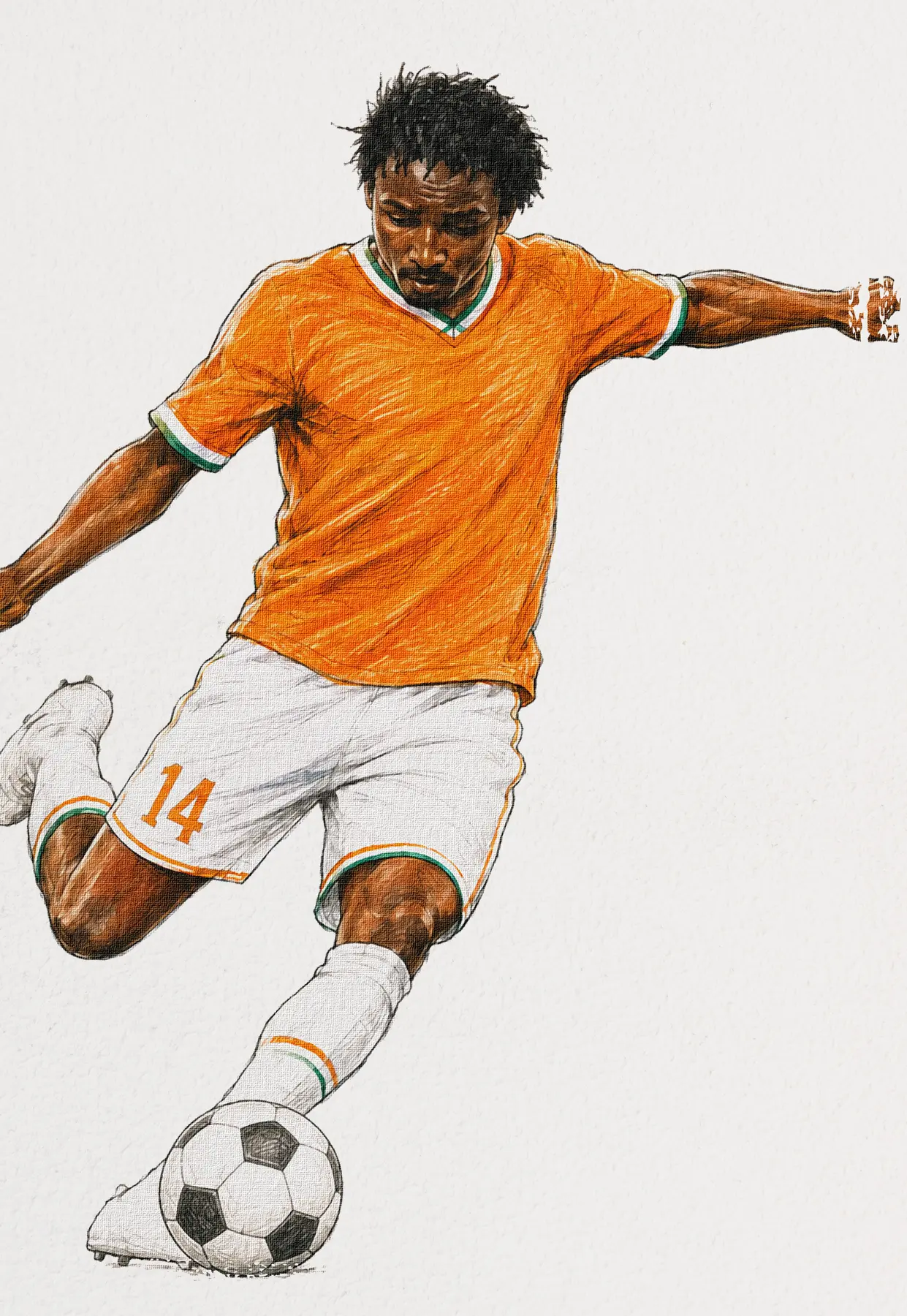 Portrait illustré du footballeur Bakary Koné portant un maillot orange