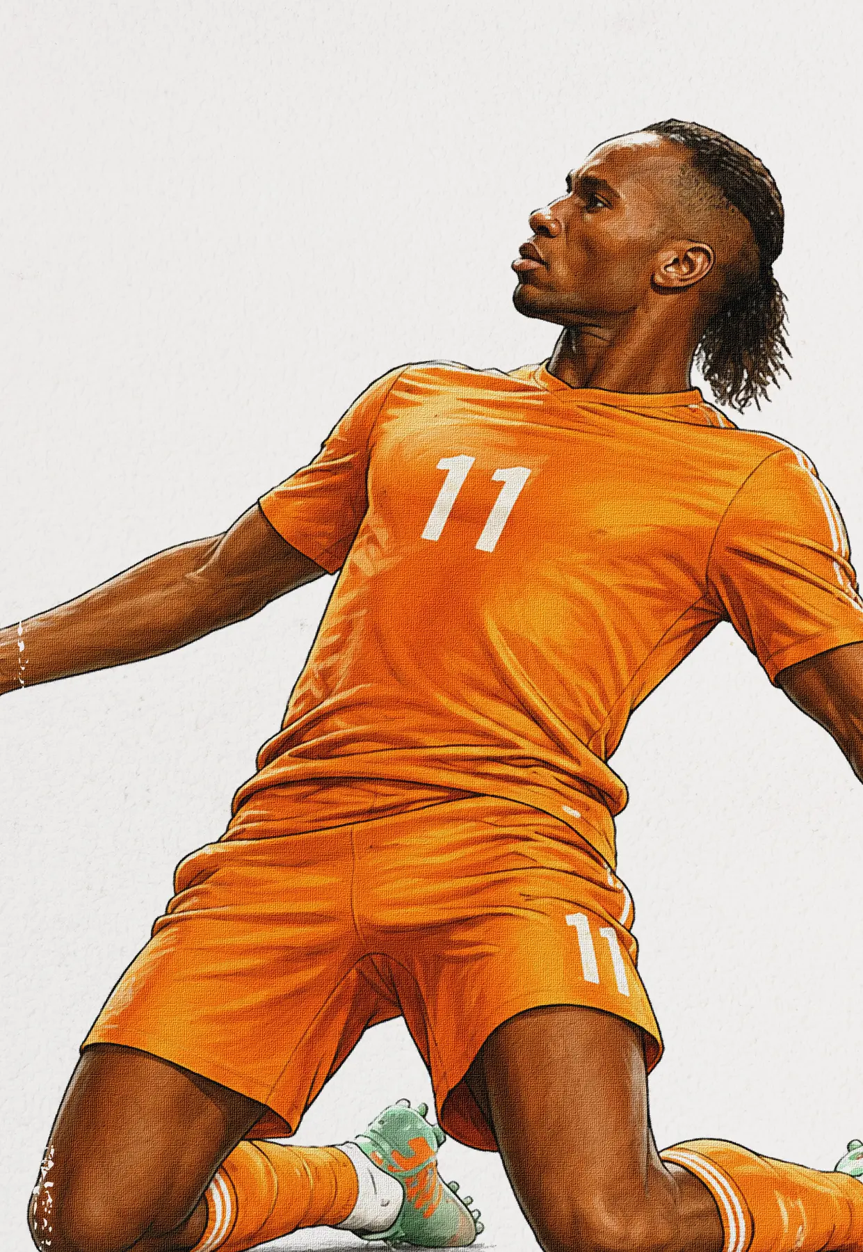 Portrait illustré du footballeur Didier Drogba portant un maillot orange